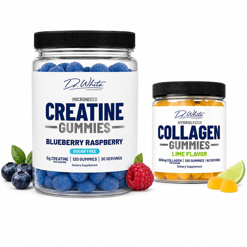 Two jars of Dr. White supplements, one for creatine gummies and one for collagen gummies, on a white background.